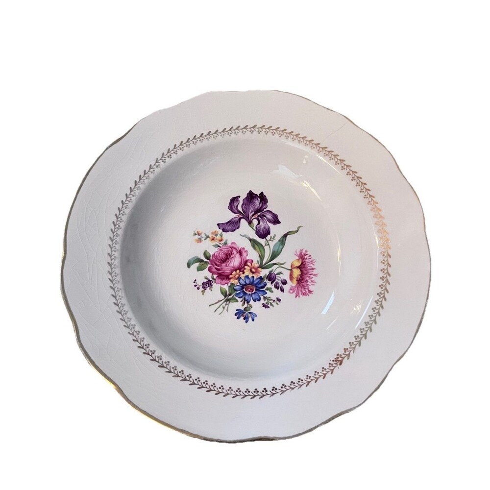 Floral Shallow Bowl Dish Gien France Plate Florence Cottagecore Gold Rim